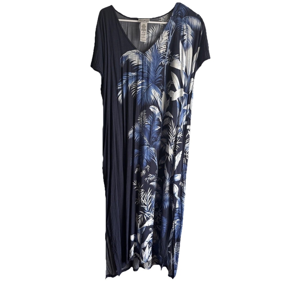 Tommy Bahama Floral Pattern Dress Blue Size Small/Medium With Side Slit V Neck